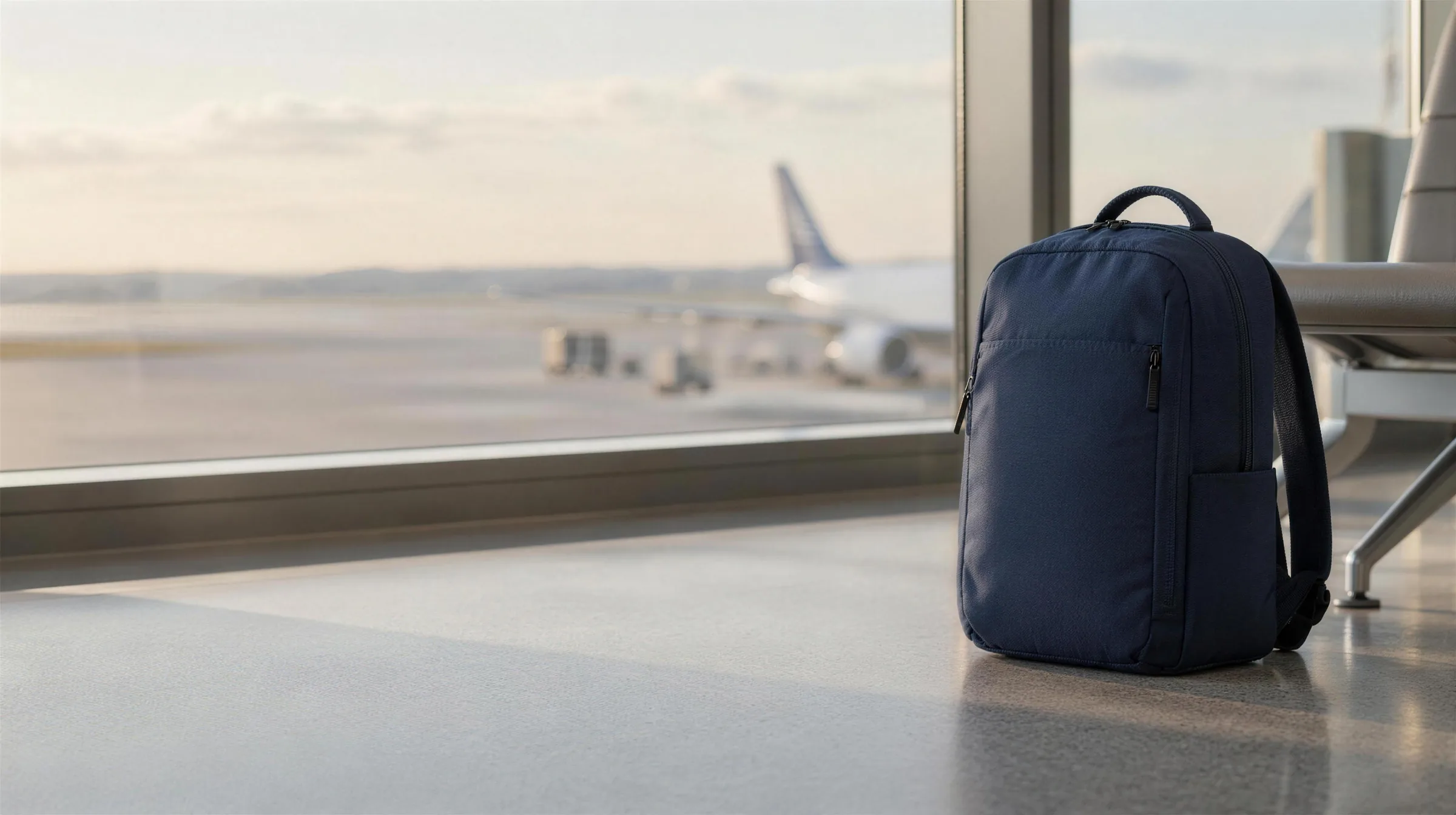 Sac à dos cabine posé devant la baie vitrée d'une porte d'embarquement