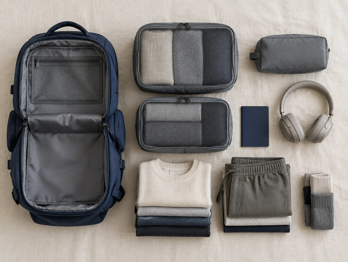 Sac cabine ouvert à plat avec ses cubes de rangement et sa trousse