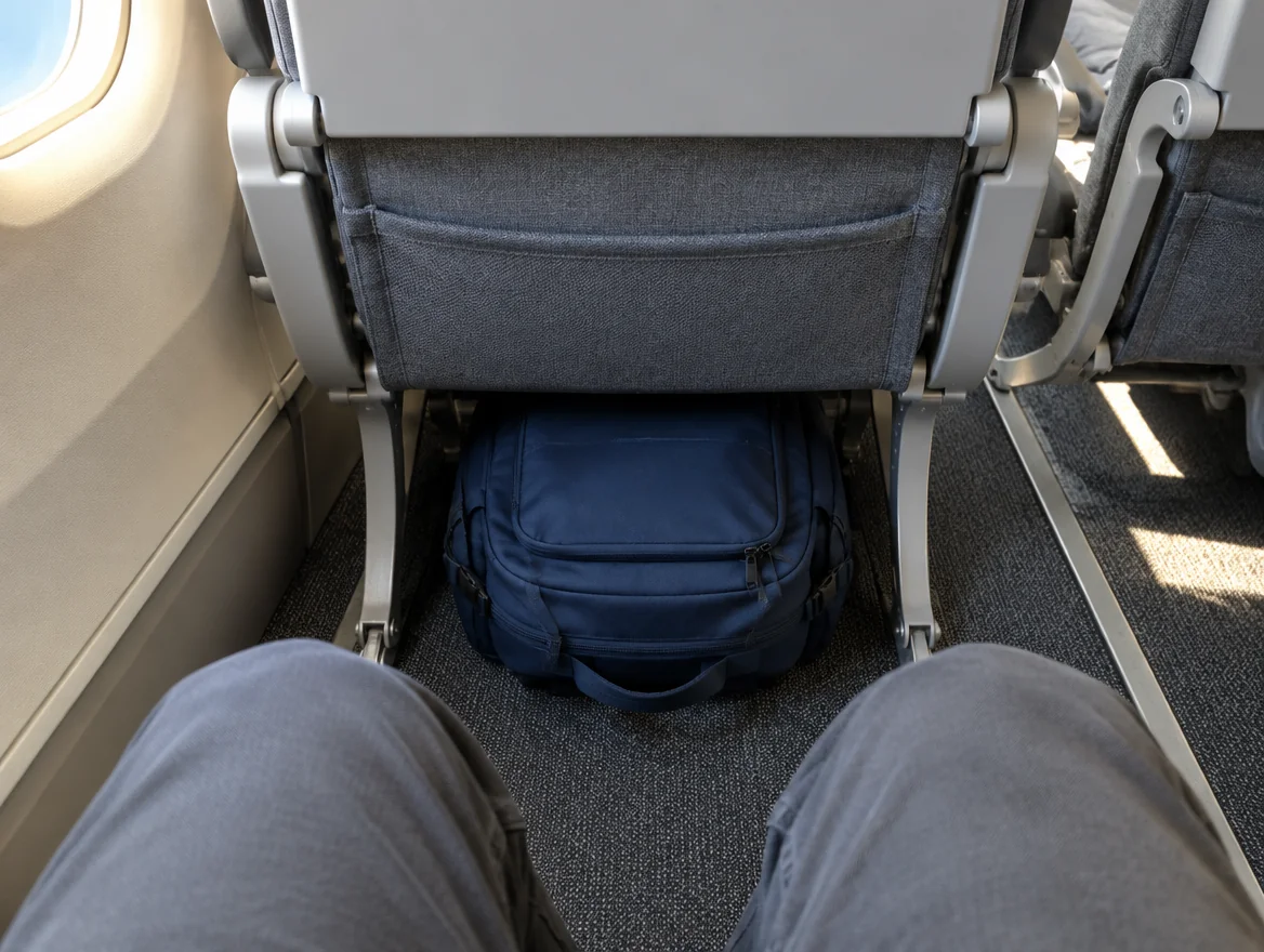Sac cabine glissé sous le siège avant dans un avion